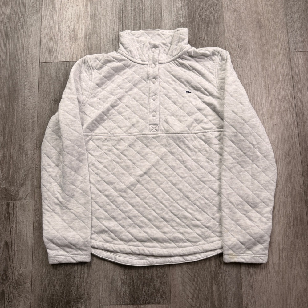 Vineyard Vines Womens L Gray Quilted Snap Pullover Whale Logo Mock Neck